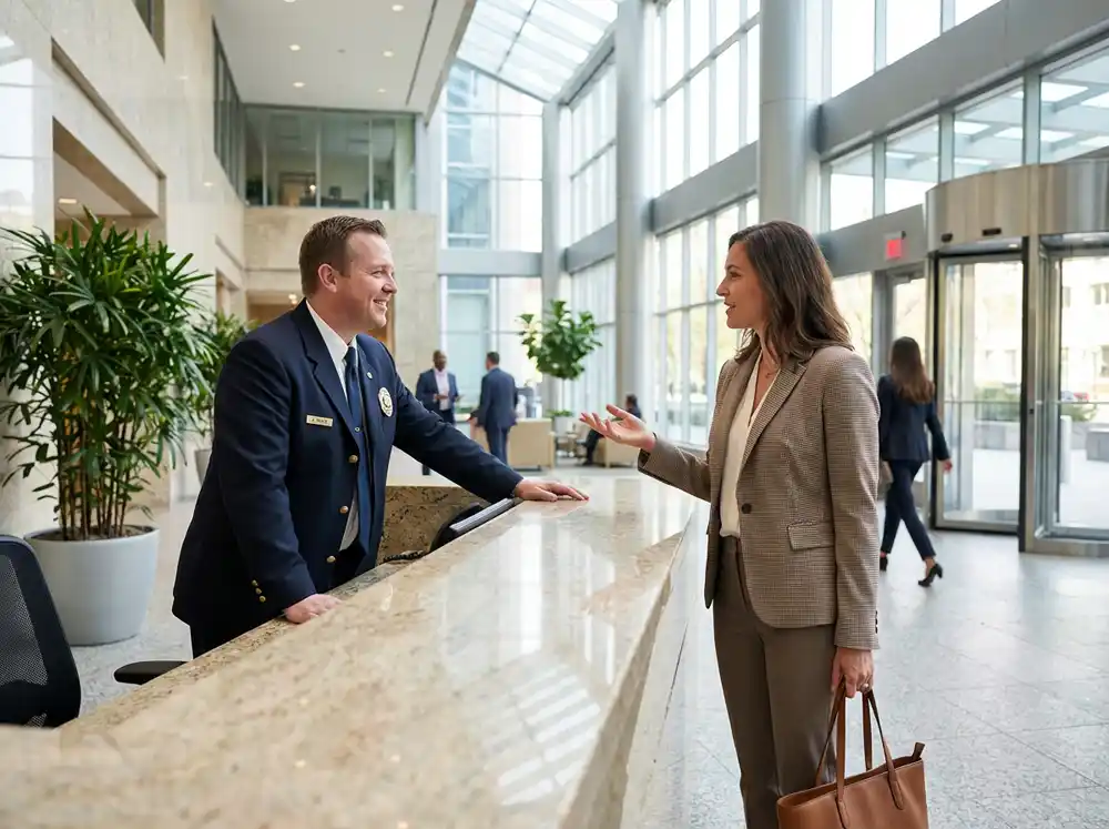 Firefly_Gemini Flash_I need an image of a white security guard behind a desk in a large office lobby speak 160298 (1)